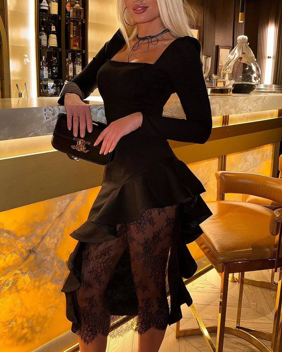 Elegant Square Neck Long Sleeve Ruffle Lace Mini Dress