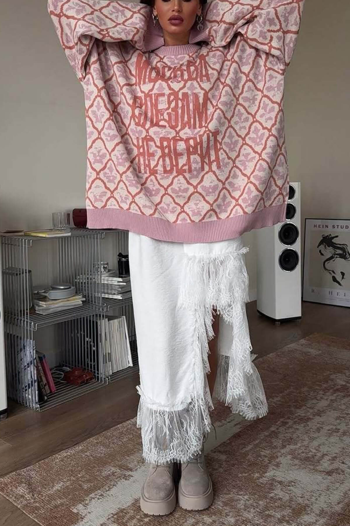 Casual Letter Diamond Print Crew Neck Long Sleeve Sweater