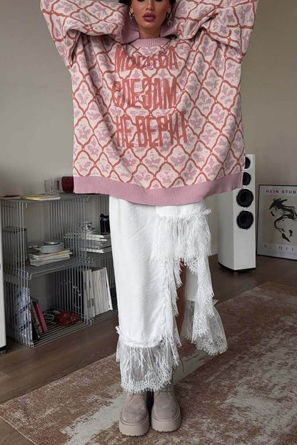 Casual Letter Diamond Print Crew Neck Long Sleeve Sweater