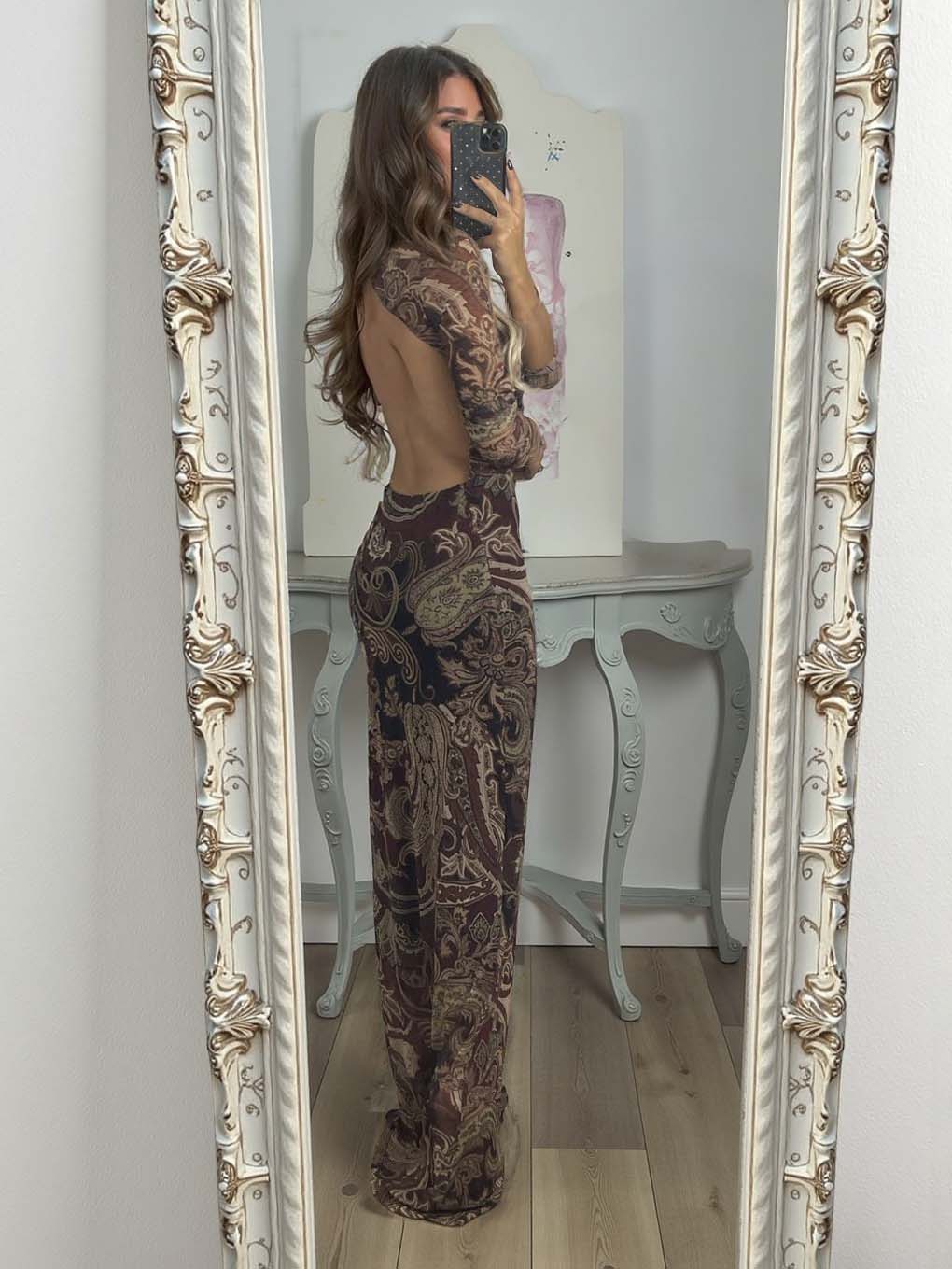 Elegant Long-Sleeve Paisley Print Deep V-Neck Maxi Dress