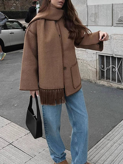 Fashion Solid Color Scarf-Neck Wool Short Coat