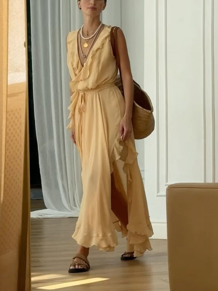 Elegant Ruffled V-Neck High-Slit Maxi Dress