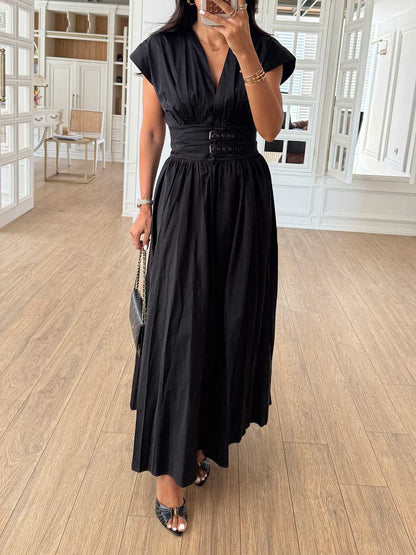 Exquisite V-neck Waist Pleated Shirt-style Maxi Dress