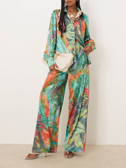 Unique Satin Oil Painting Print Elastic Waist Loose Wide-Leg Pants
