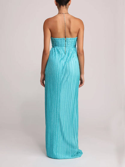 Elegant Pleated Halter Off-the-Shoulder Slit Maxi Dress