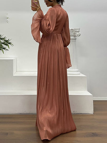 Elegant Pleated Flowy Long-Sleived Maxi Dress