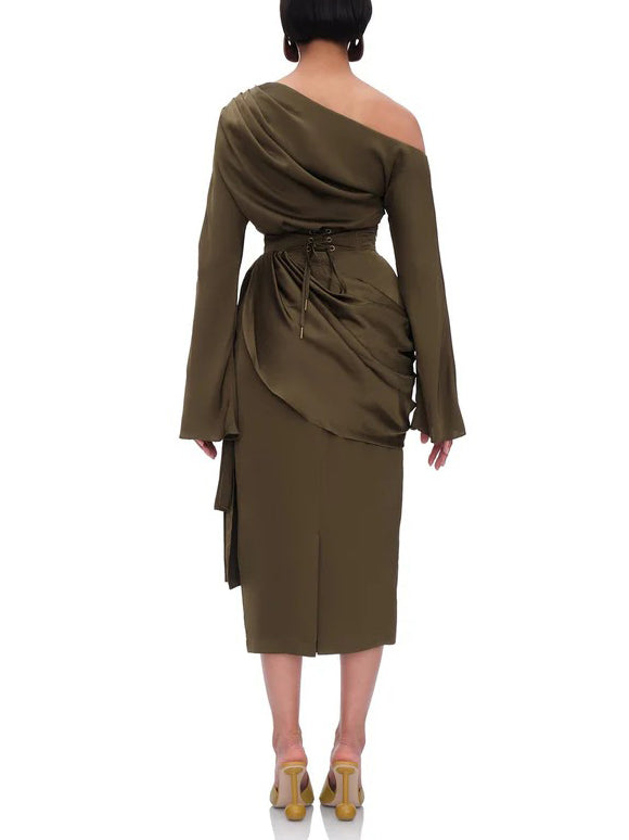 Elegant High-waisted Draped Satin Midi Skirt