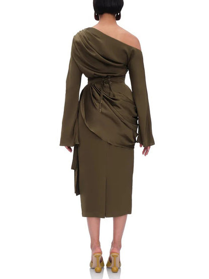 Elegant High-waisted Draped Satin Midi Skirt