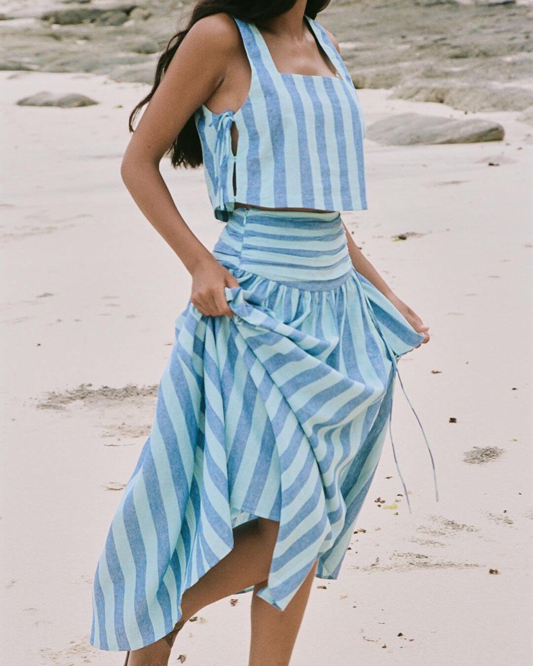 Lace-up Tank and Ruched Waist Midi Skirt Set