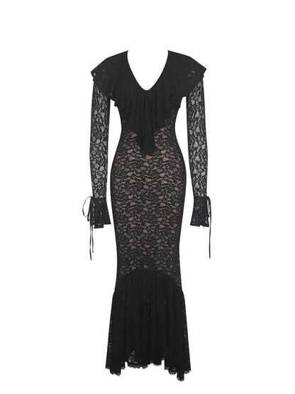 Exquisite Black Lace Ruffle Mermaid Maxi Dress