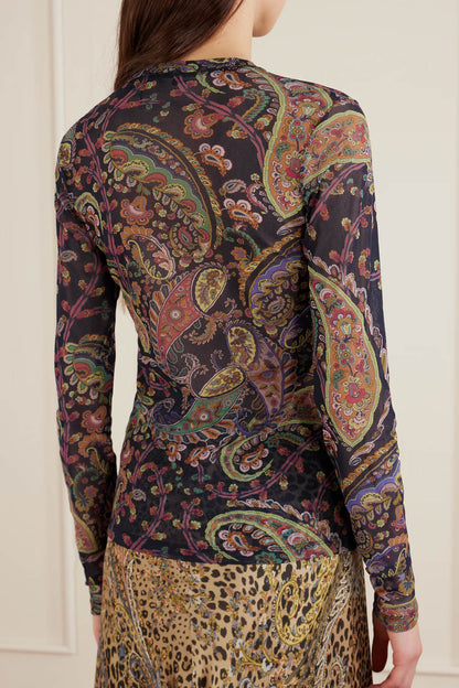 Exquisite Paisley Print Mesh Top