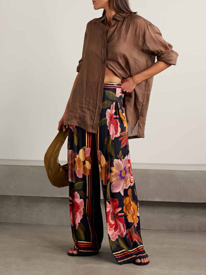 Exquisite Wrap-around Pleated Floral Print Wide-leg Pants