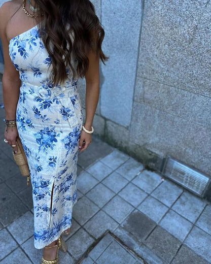Elegant Vacation Shoulder Slit Print Two-piece Set