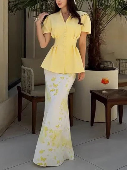 Elegant V-neck Waisted Puff Sleeve Shirt