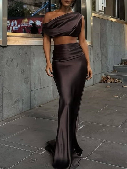 Satin Waist Structured Pleated Draped Maxi Skirt