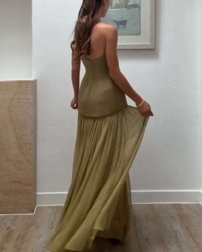 Green Strapless Top Flowing High-Waist Maxi Skirt Set