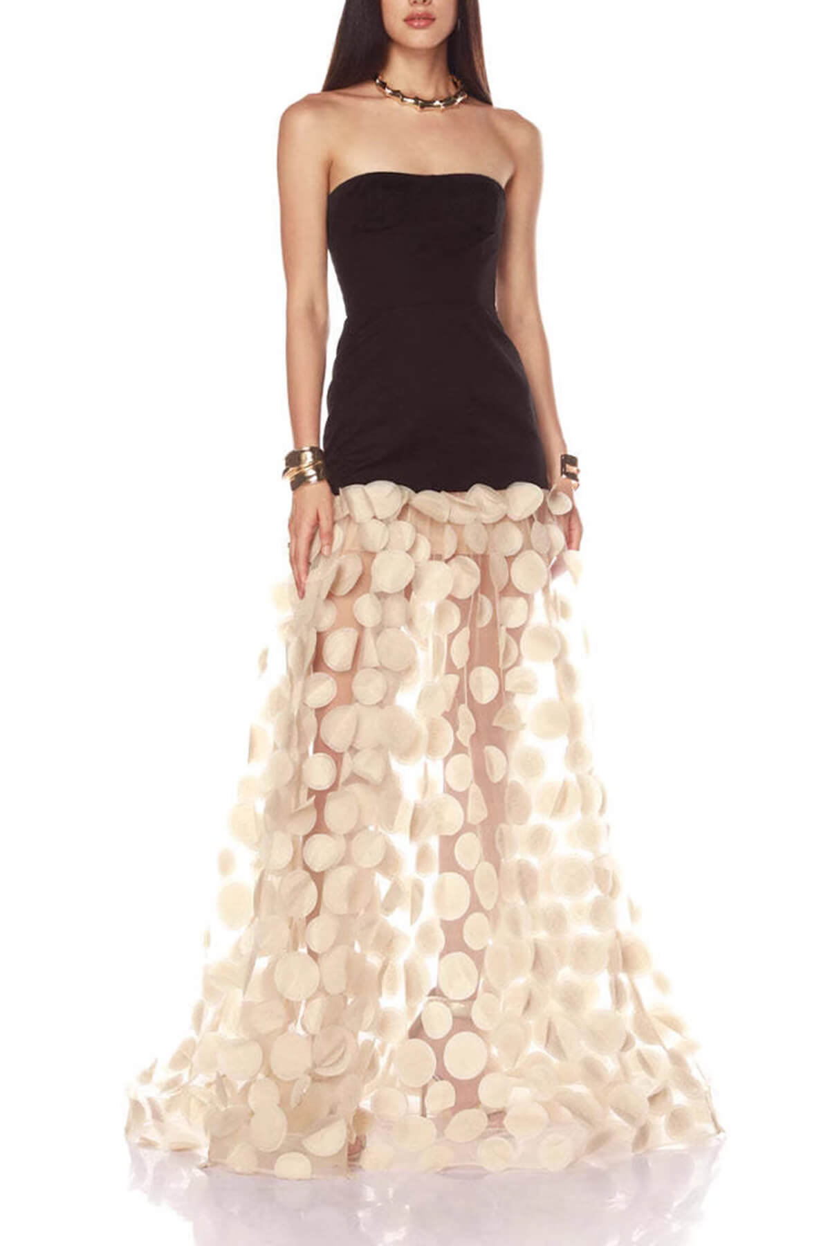 Elegant Strapless Top with Patchwork Polka Dot Mesh Maxi Dress