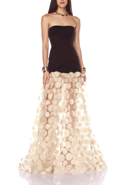 Elegant Strapless Top with Patchwork Polka Dot Mesh Maxi Dress