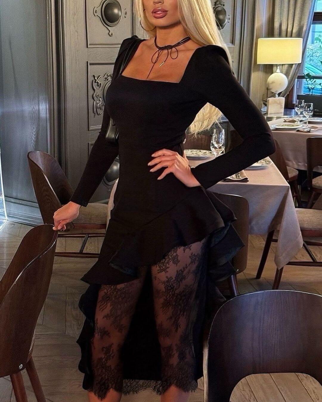 Elegant Square Neck Long Sleeve Ruffle Lace Mini Dress