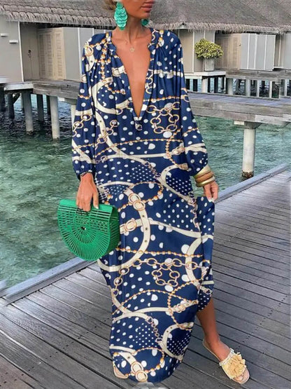 Bohemian V-Neck Printed Maxi Dress