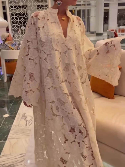 Casual White Long Sleeve Lace V-Neck Dress