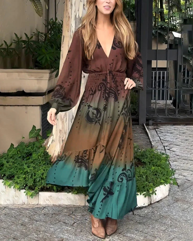Bohemian resort V-neck printed dress