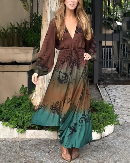 Bohemian resort V-neck printed dress