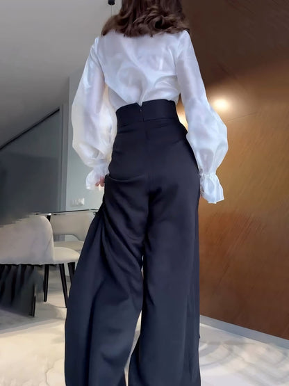 Elegant Tie-waist Sheer Shirt And Pants Two-piece Set
