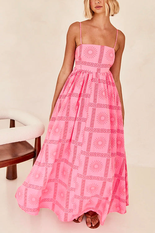 Spaghetti Strap Cut Out Waist Printed Maxi Swing Dress