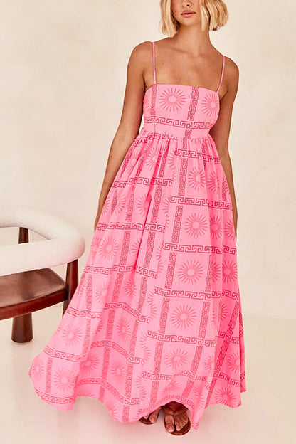 Spaghetti Strap Cut Out Waist Printed Maxi Swing Dress