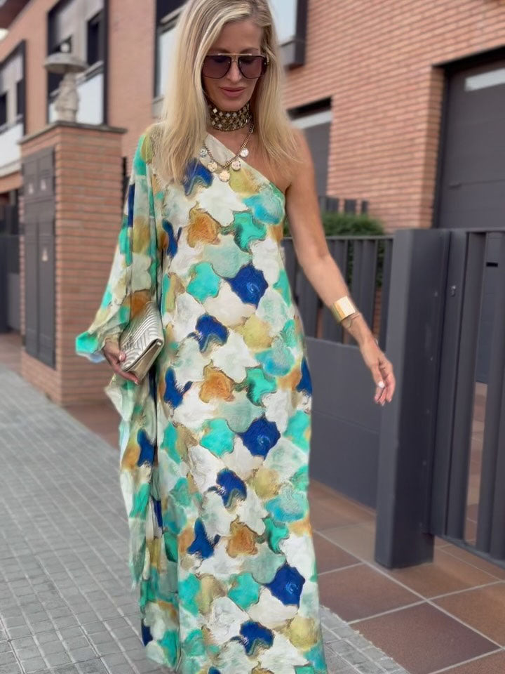 Asymmetric Neckline One-Sleeve Printed Chiffon Dress
