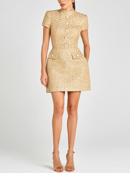 Elegant Stand Collar Button Detail Short-Sleeve Party Mini Dress