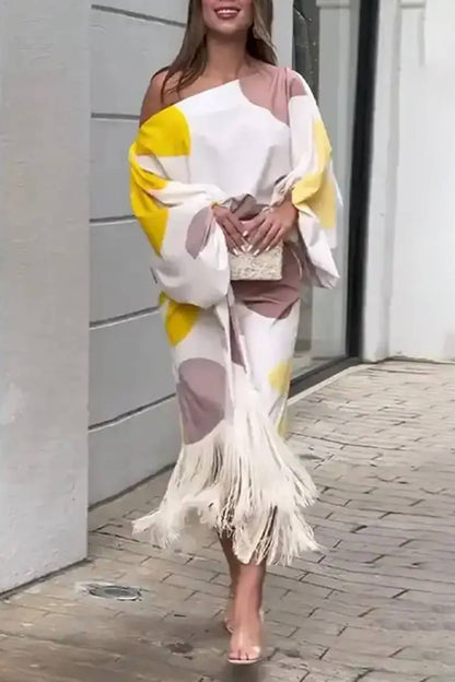 Fashionable Elegant Printed Tassel-Trim Midi Skirt