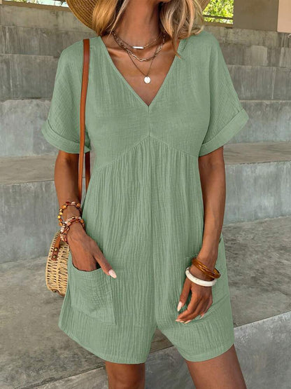 Fashion Solid Color V-neck Loose Bat Sleeve Zipper Short Sleeve Jumpsuit