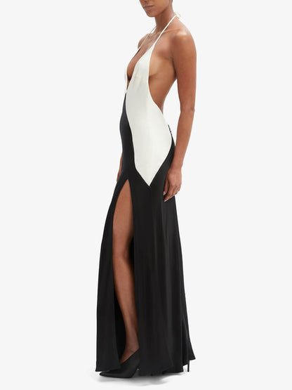 Sexy Bold Contrast V-Neck Backless Maxi Dress
