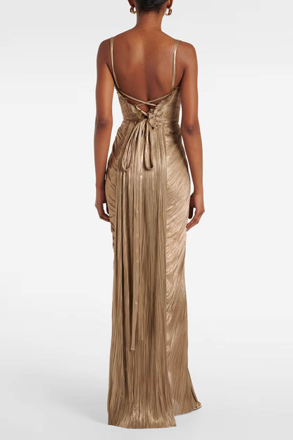 Elegant Pleated Metallic Tie-Waist Party Slit Gown Maxi Dress
