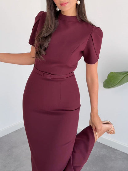 Elegant Stand-up Collar Belted Midi Dress