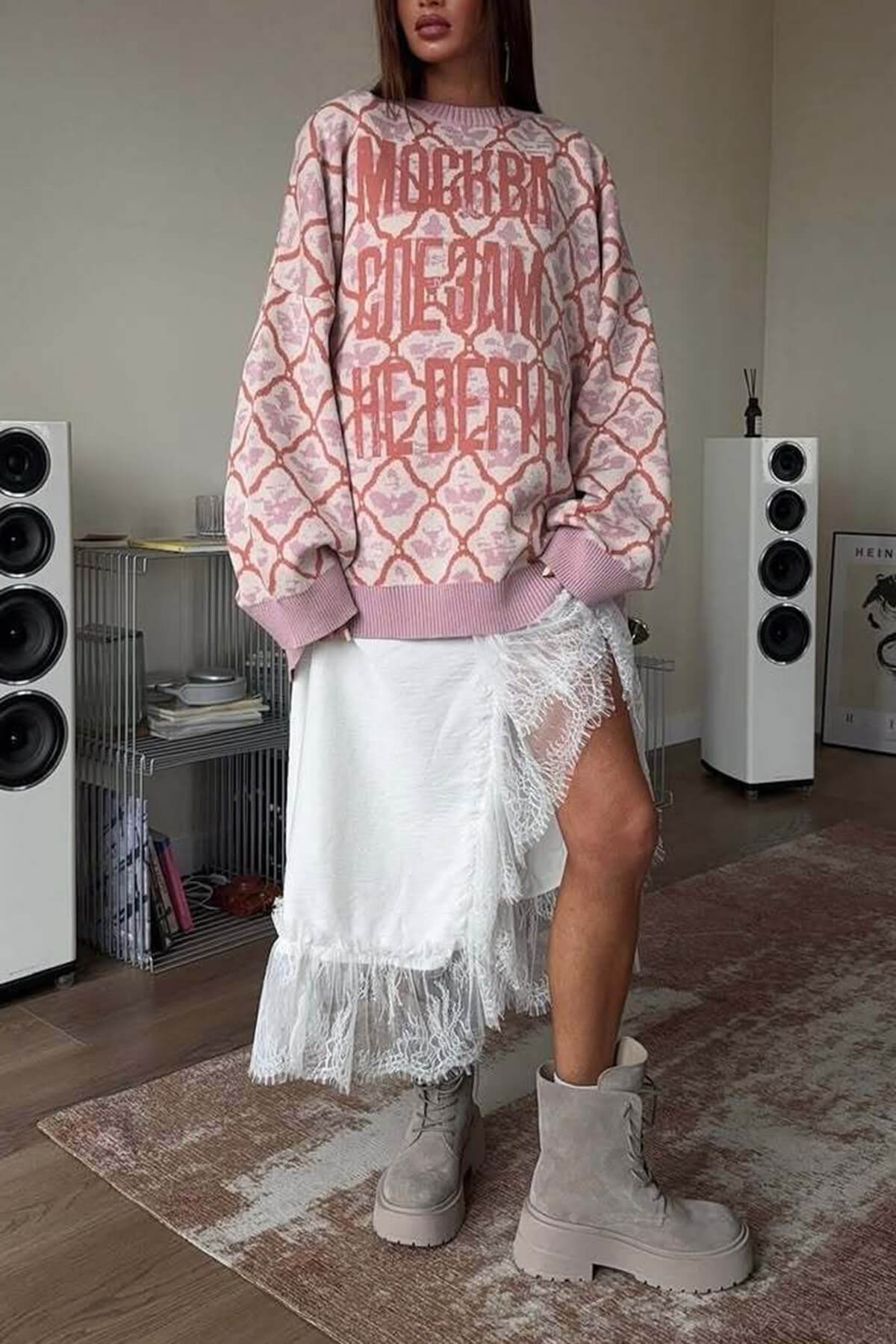 Casual Lace-trimmed Elastic Waist Loose Fit Midi Skirt