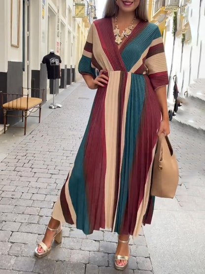 Elegant Irregular Stripe Print Pleated Maxi Dress