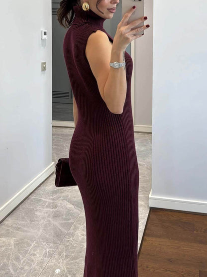 Elegant High-Neck Ribbed Knit Sleeveless Maxi Dress