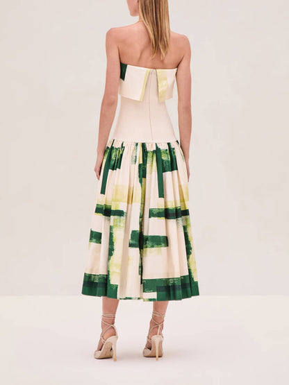 Elegant Printed Strapless Ribbed Bodycon Midi Dress