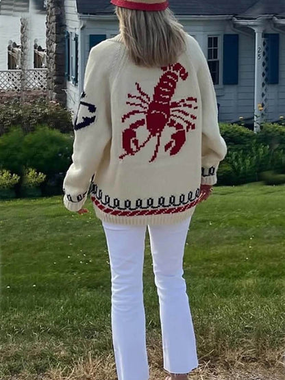 Unique Fashion Lobster Print Casual Long Sleeve Knit Cardigan