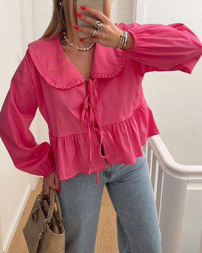 Solid Color Lace-Up Long Sleeve Cardigan Shirt