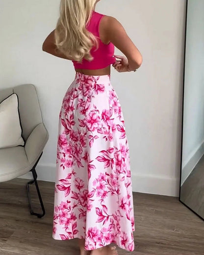 Elegant Tank Top & Printed Skirt Two-Piece Set