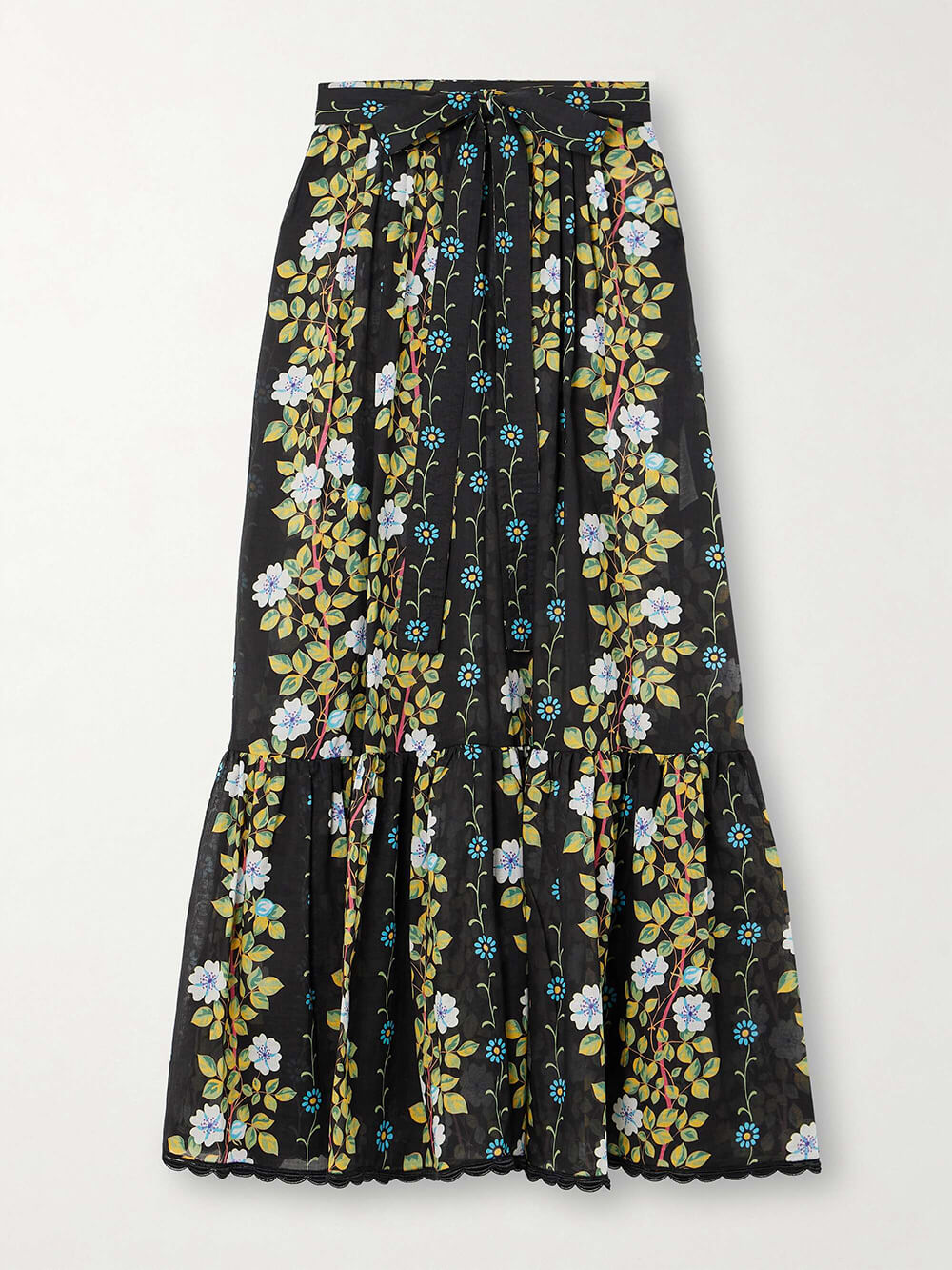 Elegant Belted Scalloped Floral-Print Chiffon Maxi Skirt