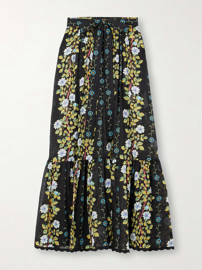 Elegant Belted Scalloped Floral-Print Chiffon Maxi Skirt