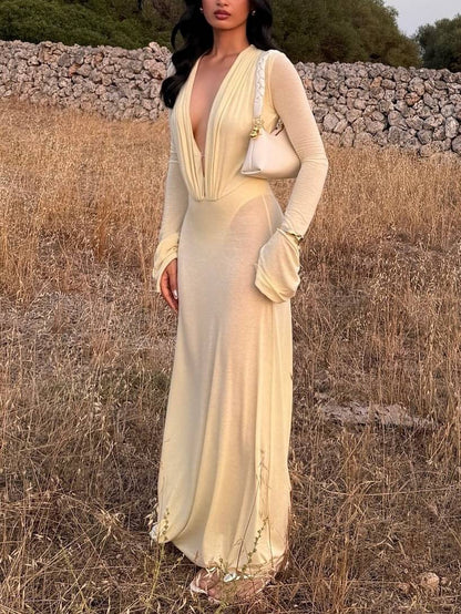 Deep V-neck Semi-transparent Long Sleeve Maxi Dress