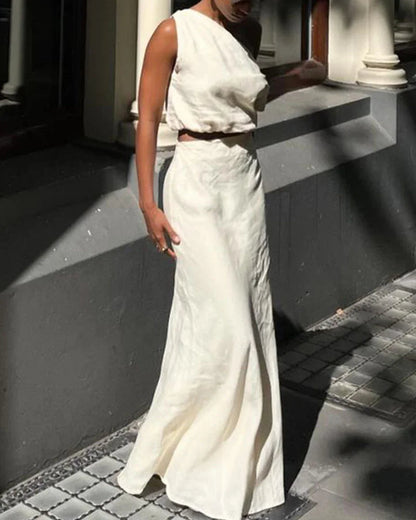 Chic slanted shoulder cotton and linen two-piece set