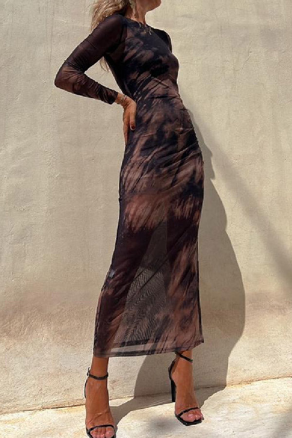 Mesh Overlay Tie Dye Print Long Sleeve Ruched Stretch Midi Dress
