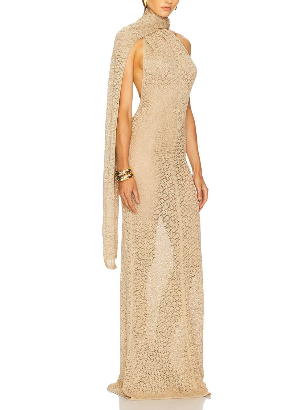 Exquisite Backless Mesh Wrap Scarf Detail Knit Maxi Dress